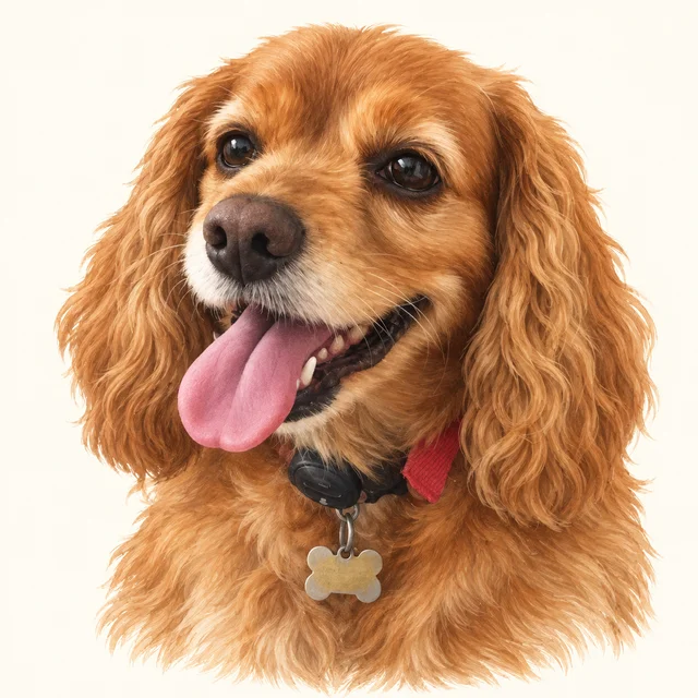 Bailey, the golden tan spaniel mix with long wavy ears and a lighter muzzle