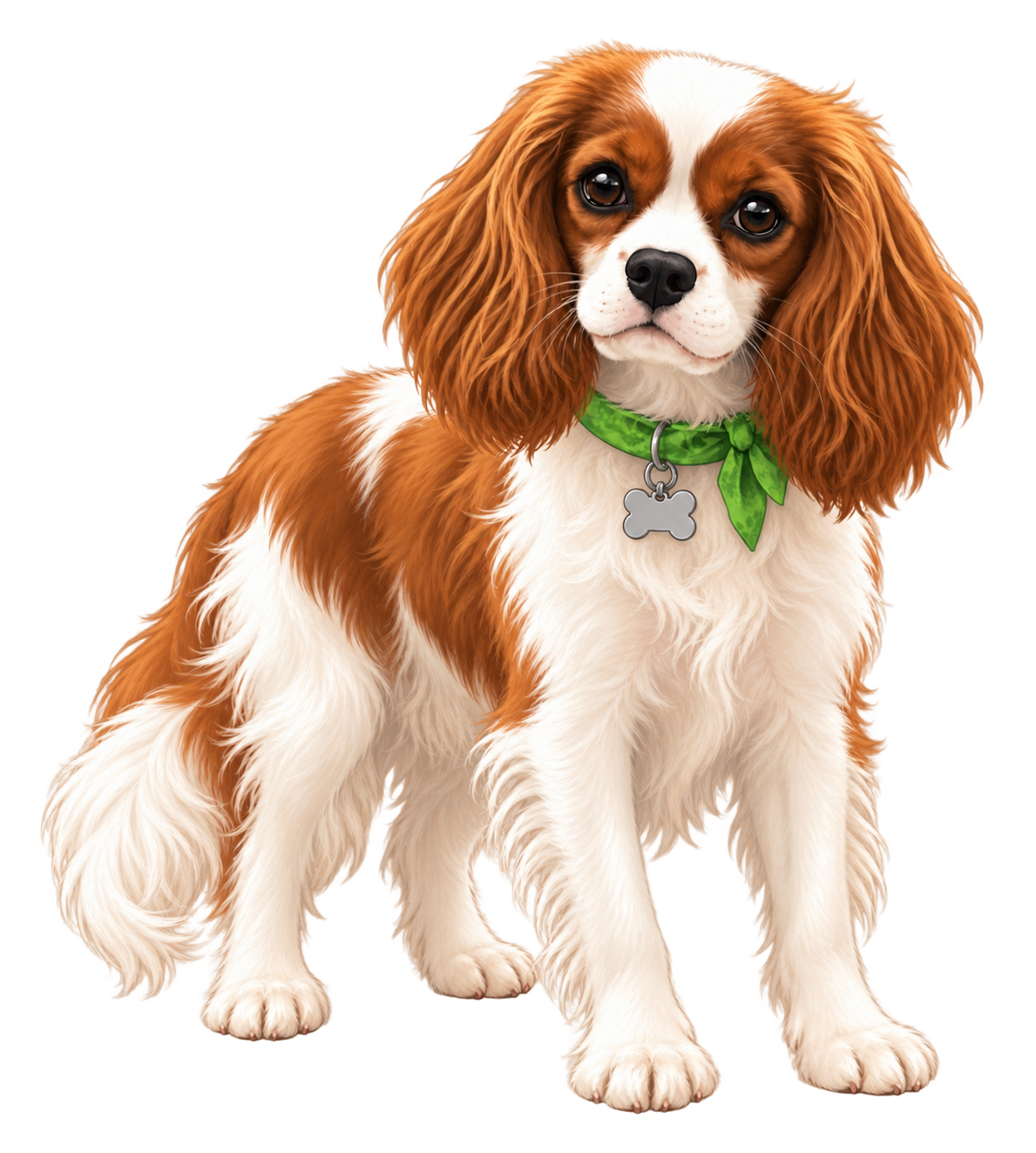 Jessie, the chestnut and white Cavalier with a green bandana and no forehead spot