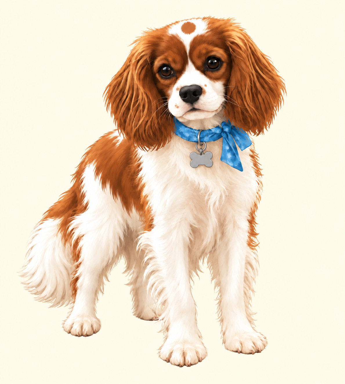 Josie, the chestnut and white Cavalier with a blue bandana and a large chestnut spot on her white forehead