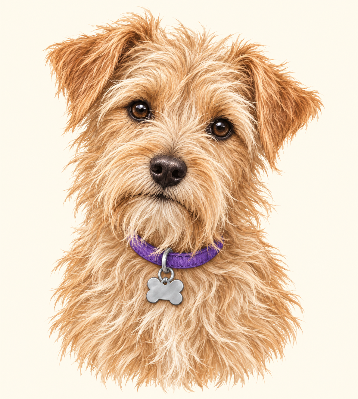 Kit, the wiry wheaten and cream terrier with her purple collar