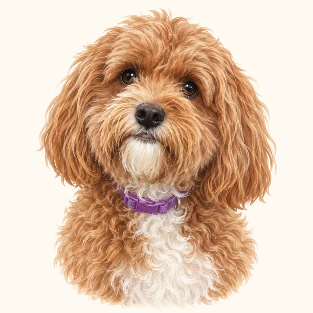 Lucy, with apricot curls, long wavy ears, and a white chin and chest