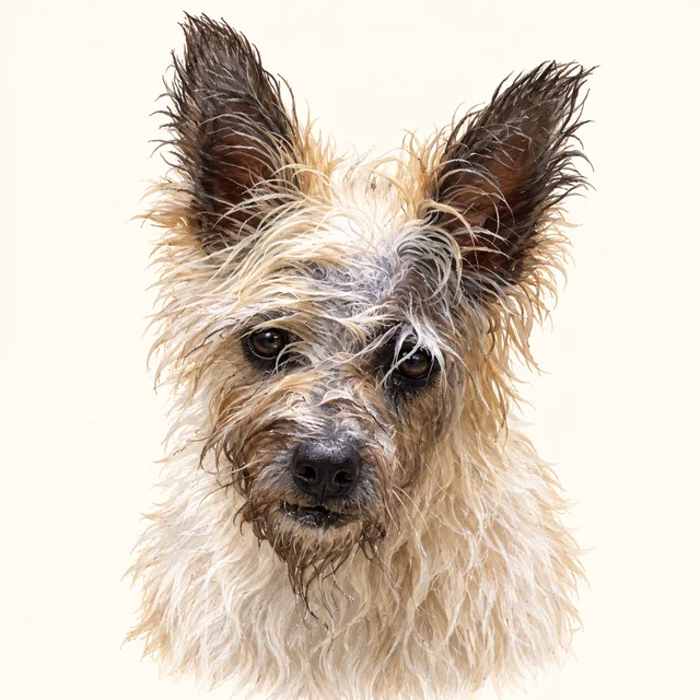 Maggie, the light-coated Cairn terrier with pointed ears and a shaggy muzzle