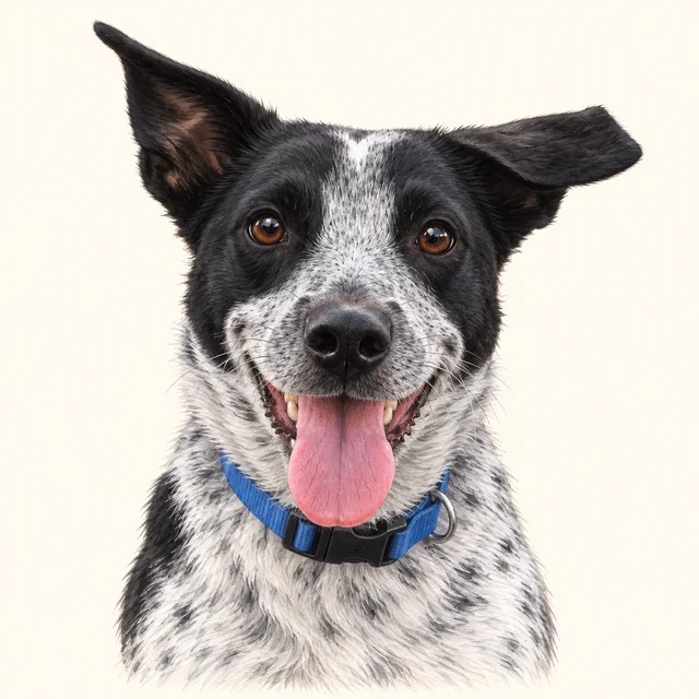 Piper, the black-and-white dog with a speckled muzzle and asymmetrical ears